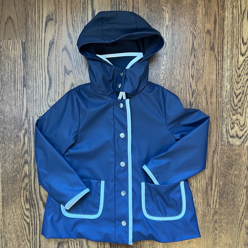 Jacadi Navy Blue Hooded Raincoat with White Trim - Picture 7 of 7